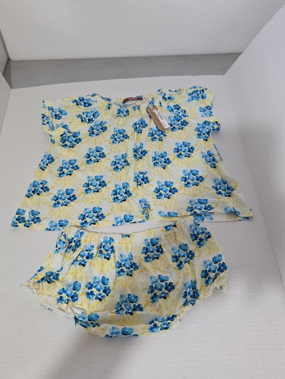 Milkbarn Bamboo Yellow and Blue Floral Baby Dress & Bloomers 6-12mo
